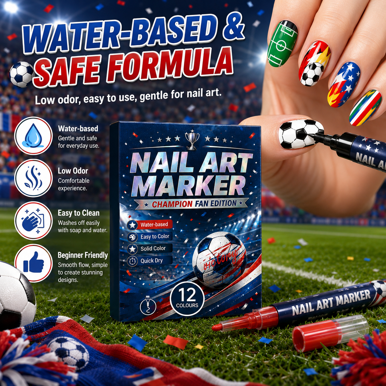 🔥 Cheer Loud • Shine Bright ⚽ 12-Color Football Nail Art Pens 🎨 Fast-Dry DIY Match Day Nails 🏆 Fan Party Essential